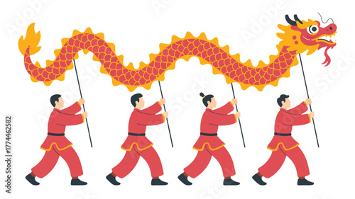 Four people performing a dragon dance