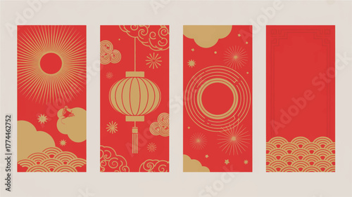 Elegant chinese new year red envelopes with golden decorations and patterns