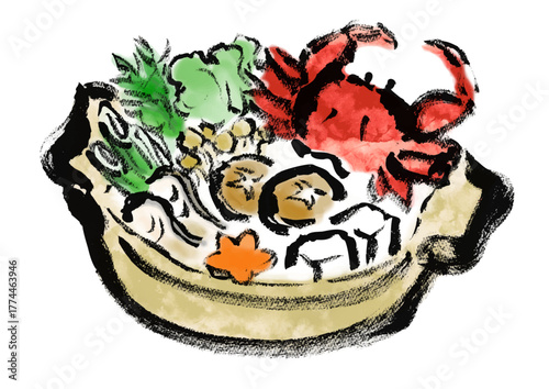 蟹鍋　和風筆書きイラスト