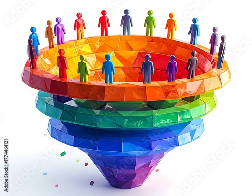 Abstract colorful funnel of stylized people on different tiered sections against white