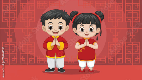 Cartoon boy and girl in traditional chinese clothing celebrating new year