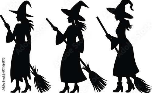 Witch Silhouette Set Vector - Halloween Magic Spell and Broomstick Icons