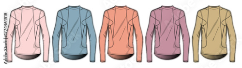 Collection of crew neck long sleeve sweaters in a variety of soft pastel colors
