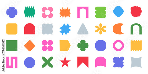 Geometric set y2k geometric shape brutalism abstract colorful vector minimal modern for branding and web. For posters with logos and media by designers or studios.