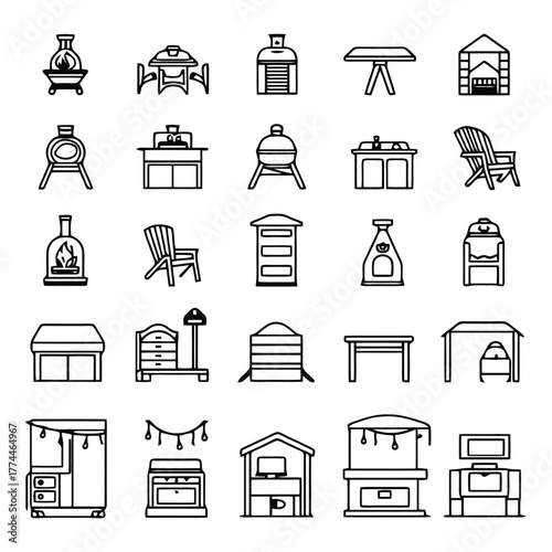 Modern Backyard Cooking Appliances and Seating Outline Vectors