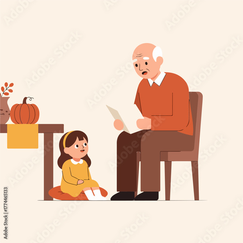 Grandfather reading to granddaughter sitting on a cushion in an autumn themed room with a pumpkin on a table, a wholesome moment illustrated in a flat vector style.