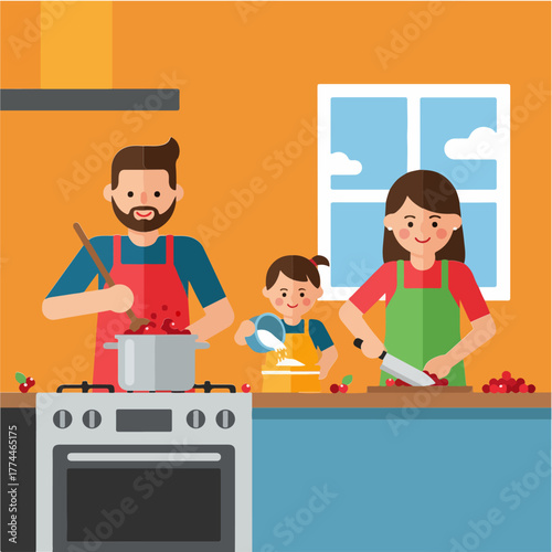 Cartoon family making cherry jam together in the kitchen, featuring a father stirring a pot, a mother chopping cherries, and a child adding sugar.
