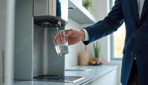 Businessman in suit pouring fresh water from cooler into glass in office kitchen. Thirsty employee getting cold drink during work break for refreshment. Male manager holds cup, hydrating at modern
