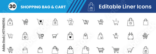 Shopping Bag & Cart glyph Icon set, Shopping Bag, Shopping Cart, Add to Cart, Remove from Cart, Wishlist, Checkout, Empty Cart, Full Cart, Price Tag, Purchase Vector line Icons illustration.