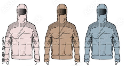 Modern urban pullover hoodie design concept. A collection of technical fashion flat sketches of an anorak jacket in three colorways for apparel manufacturing