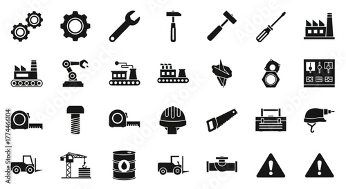 Black and White Industrial and Construction Tools and Equipment Icons.