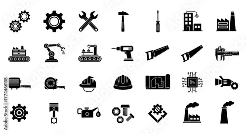Black and White Industrial Tools and Equipment Icon Set.