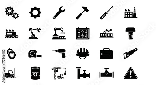 Black and White Industrial Icons Representing Tools and Machinery.