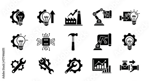 Black and White Industry and Technology Icons Set.