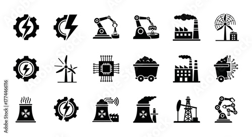 Black Industrial Icons Energy Technology and Manufacturing Symbols Set.