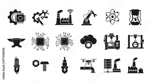 Black Industrial and Technological Vector Icon Set on White Background.
