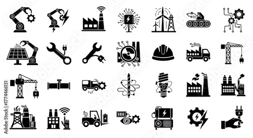 Black Industrial Icons Factories Robots and Energy Symbols.