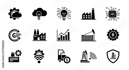 Collection of Black Industrial and Technological Vector Icons on White Background.