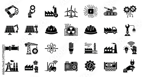 Collection of Black Industrial Icons Depicting Technology Energy and Engineering Concepts.