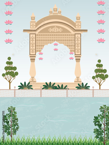 Royal Indian wedding invitation card design, Mughal Hindu fusion style, gold floral frame