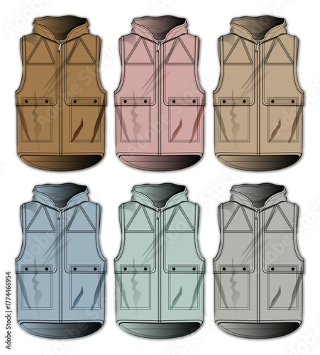 Collection of colorful hooded utility vests with pockets. Outdoor sleeveless jacket technical fashion flat illustration set