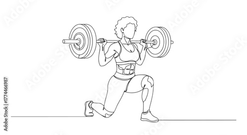 One Line Continuous Drawing of a Woman Performing a Barbell Lunge Exercise, Fitness and Strength Training Illustration