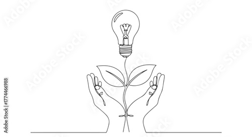 One line continuous drawing of a glowing light bulb sprouting from a plant held by hands, symbolizing innovation and sustainability