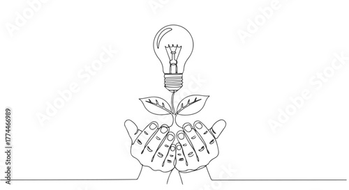 Continuous one line drawing of hands cradling a growing plant with a lightbulb, symbolizing innovative ideas and sustainable growth