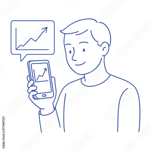 Excited young investor checking stock market gains on mobile app with positive trend line, perfect for finance, technology, and investment concepts