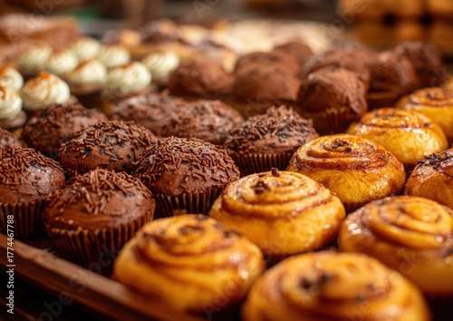 A tray of assorted pastries including muffins, donuts, and cinnamon rolls