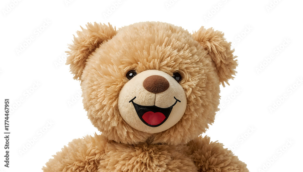 Obraz premium Smiling plush teddy bear closeup isolated on the transparent background happy brown stuffed toy for kids and gift ideas