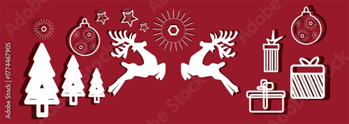 Christmas Holiday Elements with Reindeer, Trees, Gifts, Ornaments, and Stars in Red and White