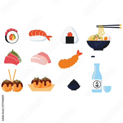 Japanese cuisine vector illustration featuring sushi rolls, ramen noodles, tempura shrimp, gyoza dumplings, miso soup, and edamame beans in flat cartoon style on white background for food design conce