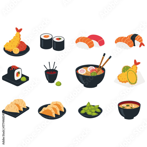 Japanese cuisine vector illustration featuring sushi rolls, ramen noodles, tempura shrimp, gyoza dumplings, miso soup, and edamame beans in flat cartoon style on white background for food design conce