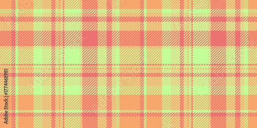 Creation fabric plaid pattern, mens shirt textile vector seamless. Sample tartan check texture background in orange and green colors.