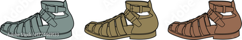 A vibrant illustration showcasing three distinct ancient Roman-style sandals, each presented in a unique earthy tone, emphasizing historical footwear and ancient fashion concepts
