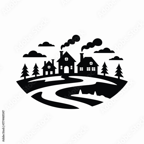 Snowy Hilltop Winter Village Silhouette Vector Black Minimal Flat Design White Background 