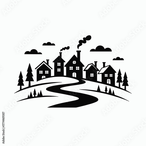Snowy Hilltop Winter Village Silhouette Vector Black Minimal Flat Design White Background 