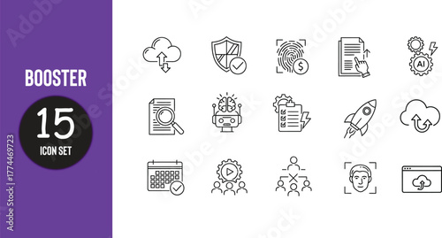 Technology Booster Line Icon Set — Cloud, AI, Data, Security, Automation, Rocket Launch Outline Icons