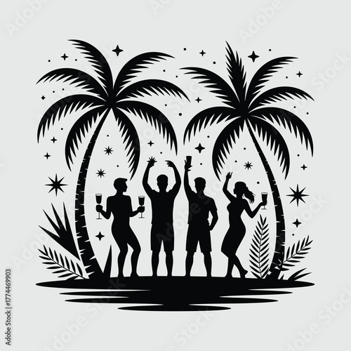 Tropical Paradise Night Silhouette Vector Festive New Year Beach Party Minimal Black Art