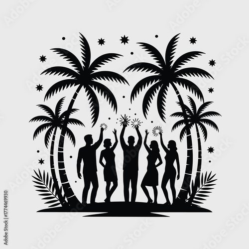 Tropical Paradise Night Silhouette Vector Festive New Year Beach Party Minimal Black Art