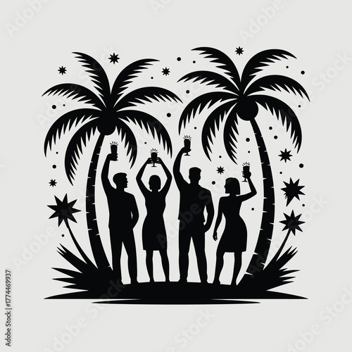Tropical Paradise Night Silhouette Vector Festive New Year Beach Party Minimal Black Art