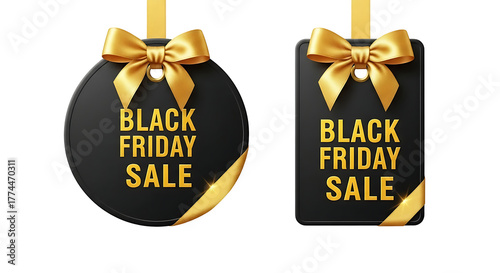 Elegant black friday sale tags with golden bows and ribbon accents against a dark background perfect for promotional advertising