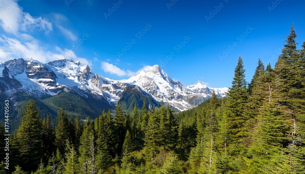 Fototapeta premium Breathtaking Mountain Landscape With Snow Capped Peaks Under A Blue Sky Surrounded By Lush Evergreen Trees Ideal For Travel Brochures Outdoor Adventure Themes Or Nature Inspired Decor
