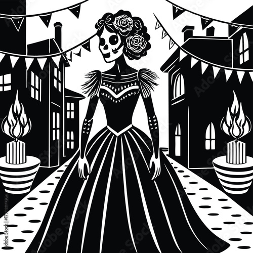 Catrina figure in Day of the Dead celebration street black and white vector