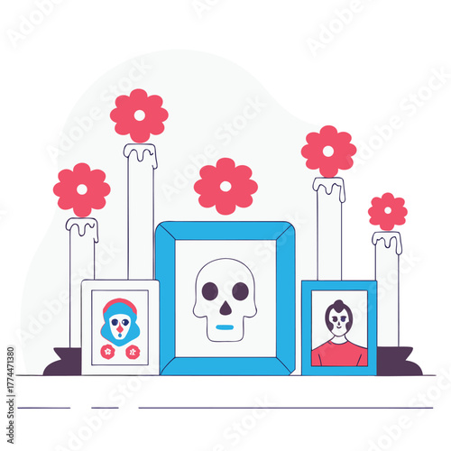 Day of the Dead Altar Concept with Skull Portraits Candles and Flowers