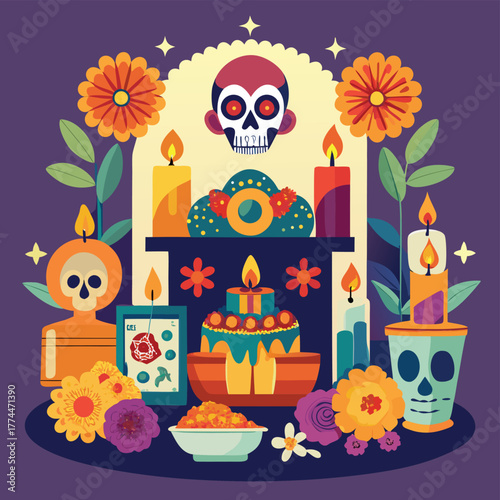 Day of the Dead Ofrenda Altar with Sugar Skulls Candles and Marigold Flowers