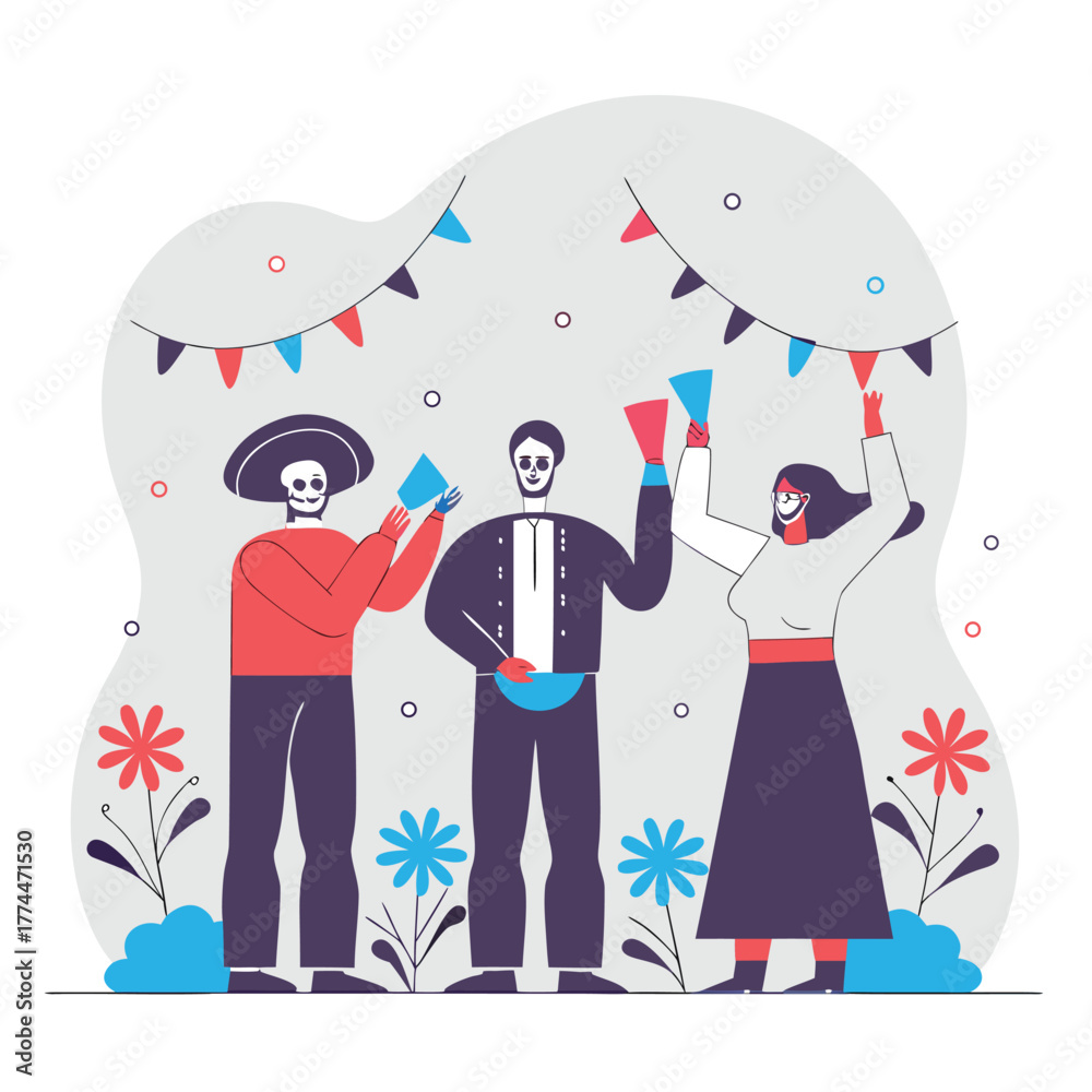 Fototapeta premium Mexican Day of the Dead Celebration Vector Illustration Happy Dancing People