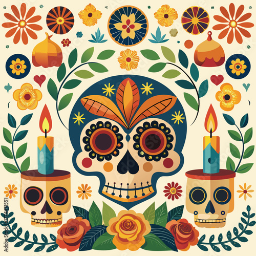 Vibrant Day of the Dead Sugar Skull Vector Illustration with Flowers and Candles