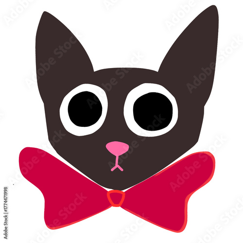 This image features a simple and colorful illustration of a black cat with large